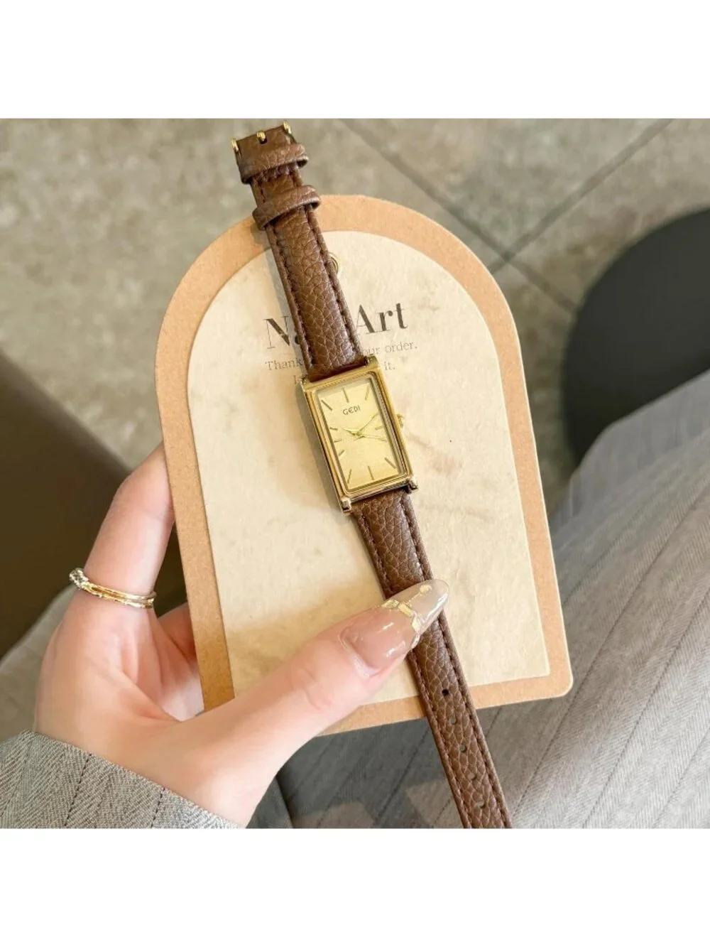 Women's Brown Gold Analog Quartz Ultra-Thin Rectangle Vintage Square Wrist Watch